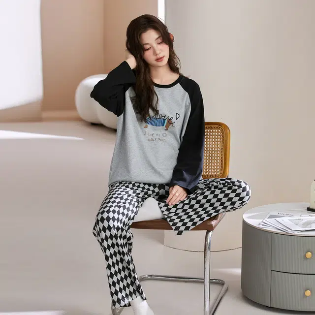 芬腾可安 情侣款春秋柔软宽松少女感气质亲肤简约显瘦遮肉家居服睡衣套装 女款
