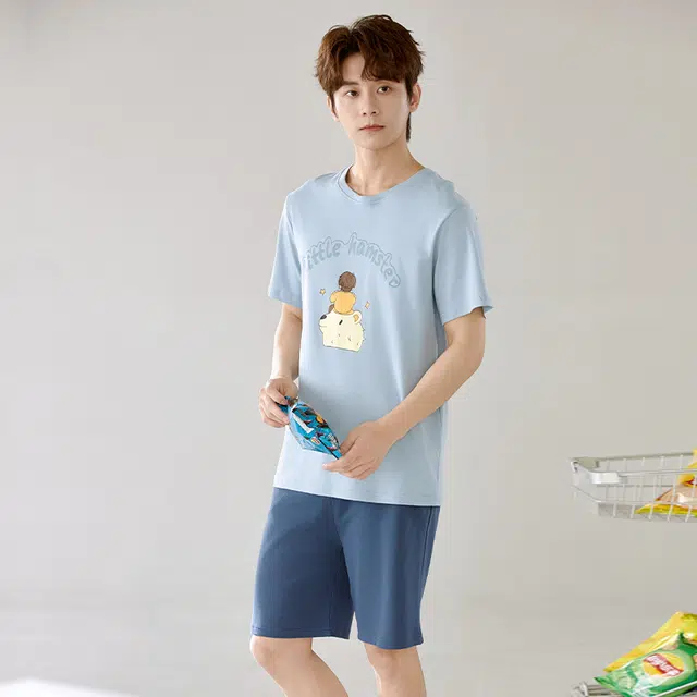 芬腾可安 可外穿的纯棉韩版时尚气质舒适休闲遮肉显瘦舒适短袖柔软大学生情侣款宿舍可穿家居服睡衣套装 男款