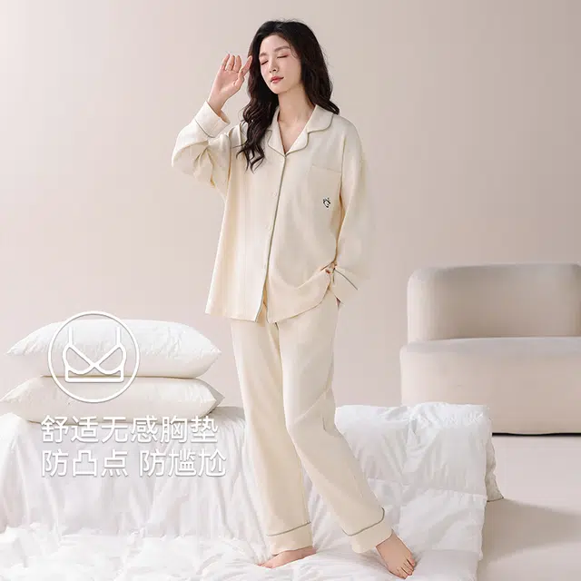 芬腾可安 休闲开衫透气少女感自带杯垫情侣款显瘦家居服睡衣套装 女款
