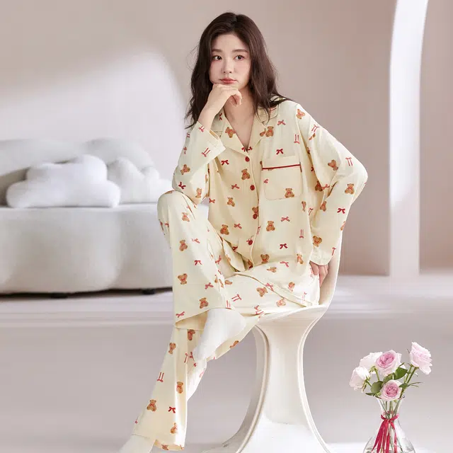 芬腾可安 春秋纯棉优雅气质简约时尚亲肤设计感柔软开衫家居服睡衣套装 女款