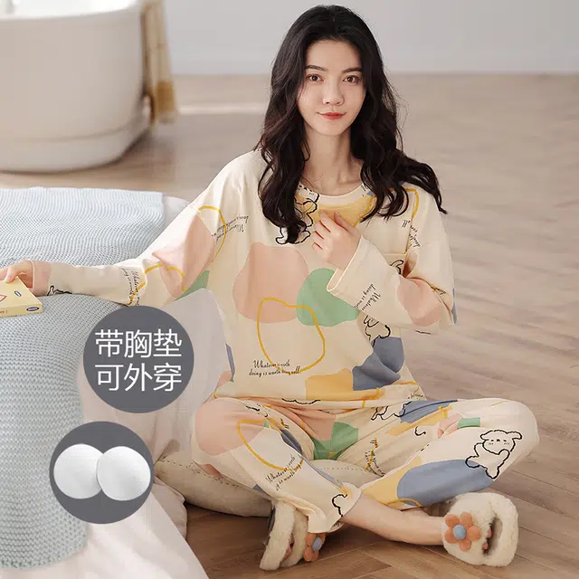 芬腾可安 简约时尚卡通韩版满印舒适带胸垫防凸点亲肤长袖休闲可外穿长裤睡衣套装 女款 杏色