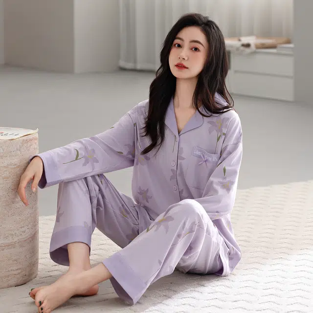 芬腾可安 春秋设计感柔软纯棉优雅简约时尚亲肤翻领家居服睡衣套装 女款