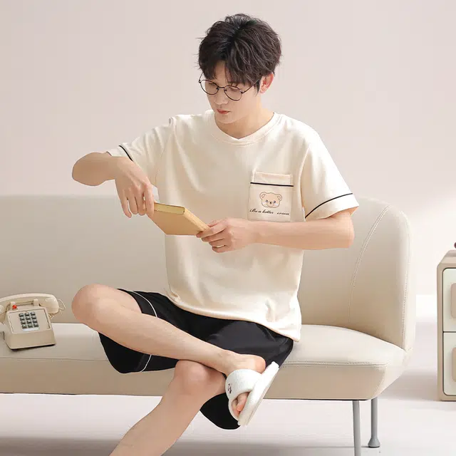 芬腾可安 可外穿的纯棉时尚气质舒适休闲遮肉显瘦柔软舒适大学生短袖短裤情侣款宿舍可穿家居服睡衣套装 男款