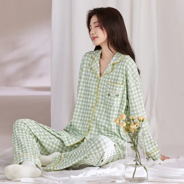 芬腾可安 春秋纯棉优雅翻领简约时尚设计感柔软亲肤开衫家居服睡衣套装 女款