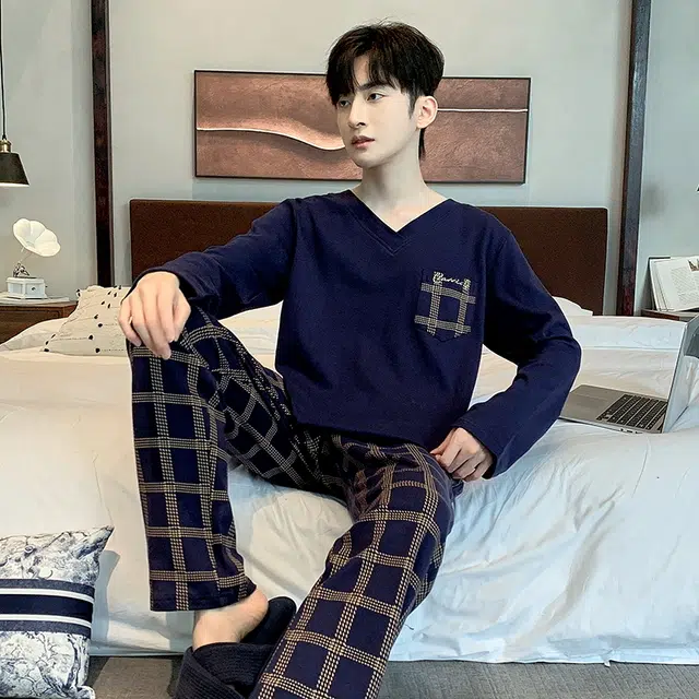芬腾可安 时尚舒适针织简约口袋长袖格仔长裤亲肤家居服可外穿睡衣套装 男款 藏青色