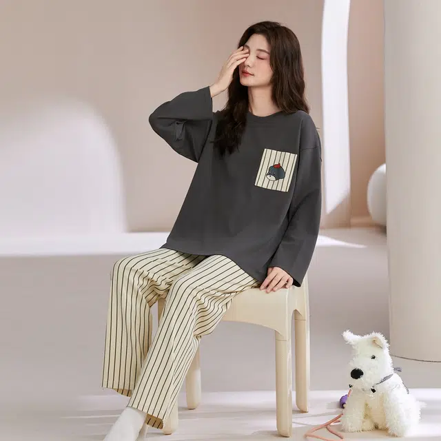 芬腾可安 情侣款春秋柔软宽松亲肤简约显瘦遮肉少女感气质家居服睡衣套装 女款