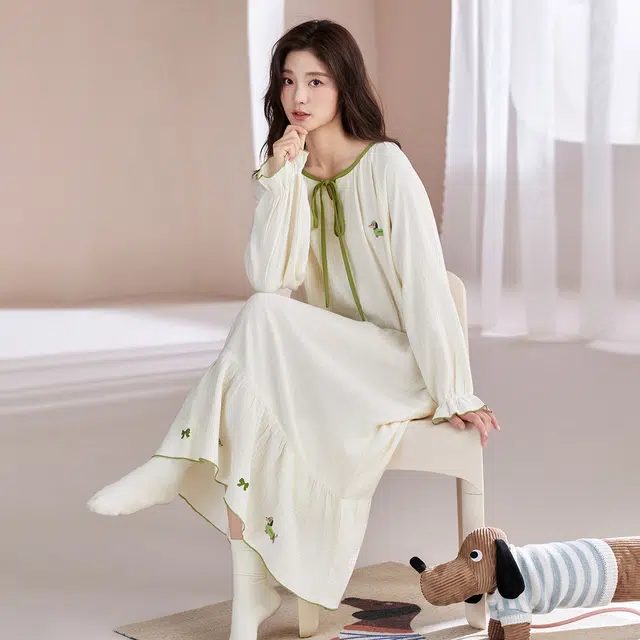 芬腾可安 外出可穿纯棉优雅百搭显瘦少女感中长款气质亲肤家居裙睡裙 女款