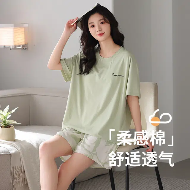 芬腾可安 韩版简约休闲带胸垫透气宽松设计感显瘦亲肤舒适宿舍外出都可穿的家居服短袖三分裤睡衣套装 女款