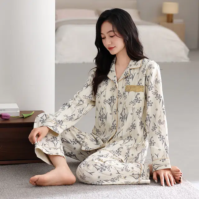 芬腾可安 纯棉外出可穿设计慵懒感春秋休闲少女开衫家居服睡衣套装 女款