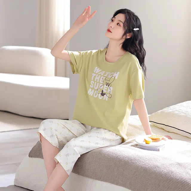 芬腾可安 薄款韩版亲肤柔软休闲简约清新时尚可外穿家居服睡衣套装 女款 黄绿色
