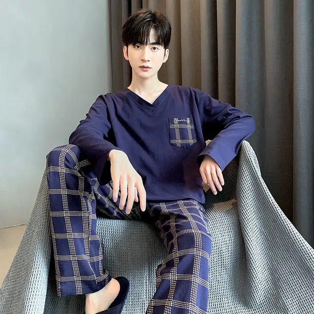 芬腾可安 时尚舒适针织简约口袋长袖格仔长裤亲肤家居服可外穿睡衣套装 男款 藏青色