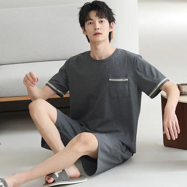 芬腾可安 休闲经典时尚微弹透气舒适亲肤大学生圆领家居服睡衣套装 男款 灰色