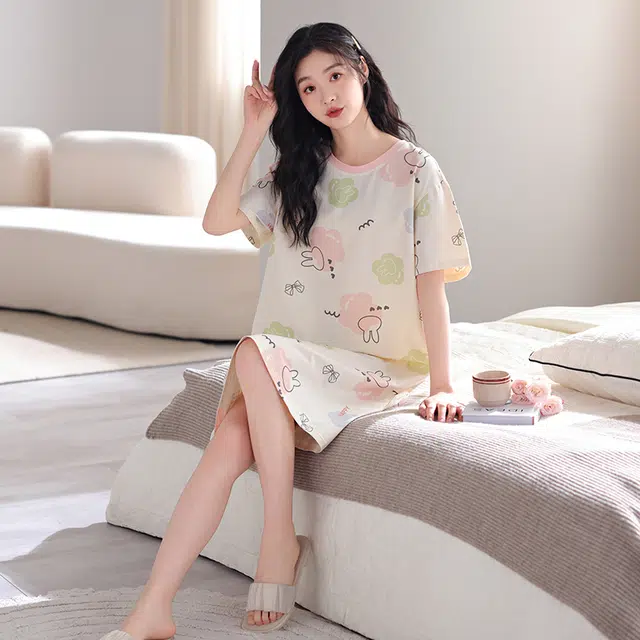芬腾可安 韩版亲肤舒适时尚圆领细腻柔软短袖居家睡裙 女款 白色
