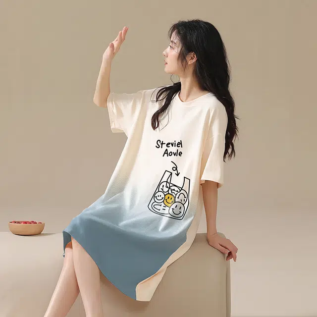 芬腾可安 带胸垫清新卡通舒适轻薄休闲显瘦透气简约亲肤甜美柔软短袖居家裙睡裙 女款 白色