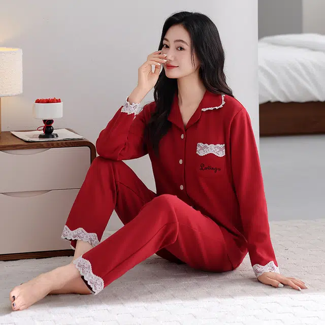 芬腾可安 纯棉喜庆休闲少女设计感春秋外出可穿家居服睡衣套装 女款