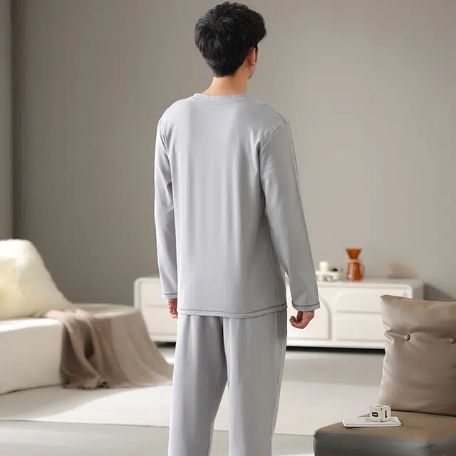 芬腾可安 经典绣花亲肤休闲简约长袖长裤家居服可外穿睡衣套装 男款 浅灰色