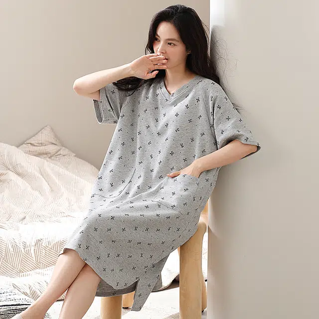 芬腾可安 胸垫系列 可外穿韩版短袖气质透气甜美风简约亲肤细腻柔软睡裙 女款 灰色