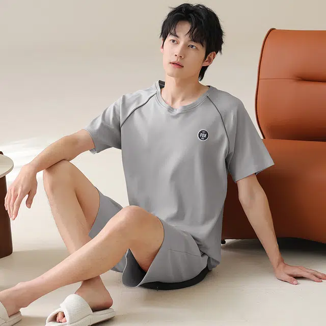 芬腾可安 休闲经典薄款时尚简约舒适亲肤圆领家居服睡衣套装 男款 灰色