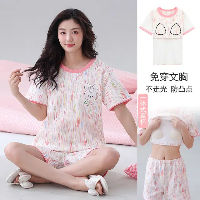 芬腾可安 可外穿的带胸垫一体式慵懒休闲少女时尚亲肤百搭舒适柔软细腻无束缚短袖短裤家居服睡衣套装 女款