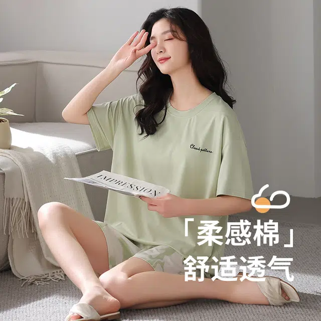 芬腾可安 韩版简约休闲带胸垫透气宽松设计感显瘦亲肤舒适宿舍外出都可穿的家居服短袖三分裤睡衣套装 女款