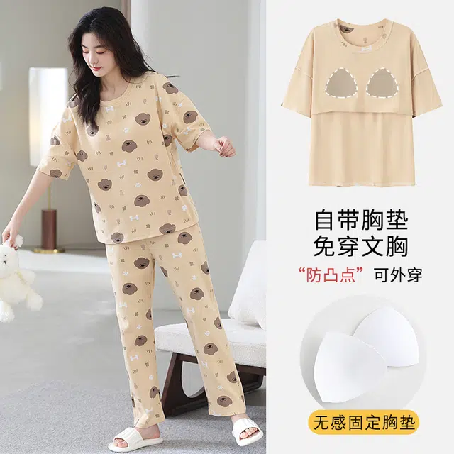 芬腾可安 韩版亲肤柔软简约休闲舒适圆领带胸垫防凸点时尚短袖长裤可外穿居家服睡衣套装 女款 卡其色