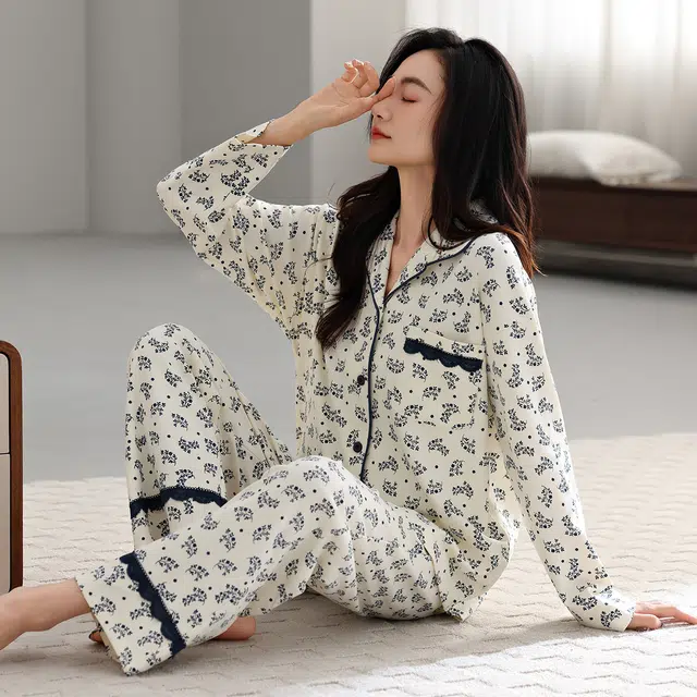 芬腾可安 春秋设计感纯棉优雅简约时尚亲肤柔软家居服睡衣套装 女款