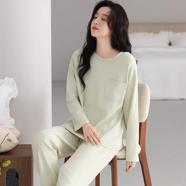 芬腾可安 春秋纯棉简约遮肉宽松显瘦外出可穿家居服睡衣套装 女款