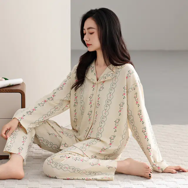 芬腾可安 春秋设计感柔软亲肤翻领开衫简约纯棉优雅时尚家居服睡衣套装 女款