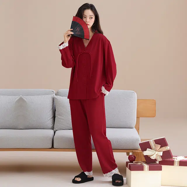 芬腾可安 喜庆春秋国风设计感优雅简约时尚柔软家居服睡衣套装 女款