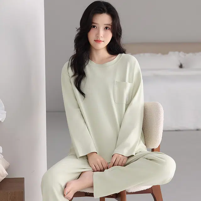 芬腾可安 春秋纯棉简约遮肉宽松显瘦外出可穿家居服睡衣套装 女款