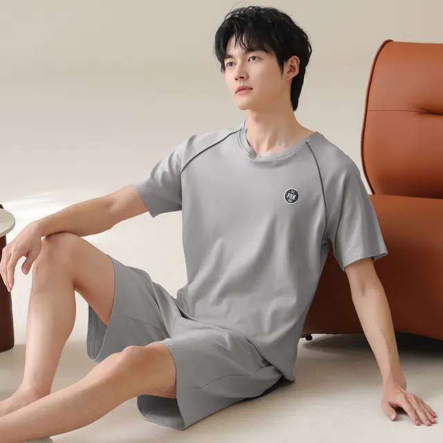 芬腾可安 休闲经典薄款时尚简约舒适亲肤圆领家居服睡衣套装 男款 灰色