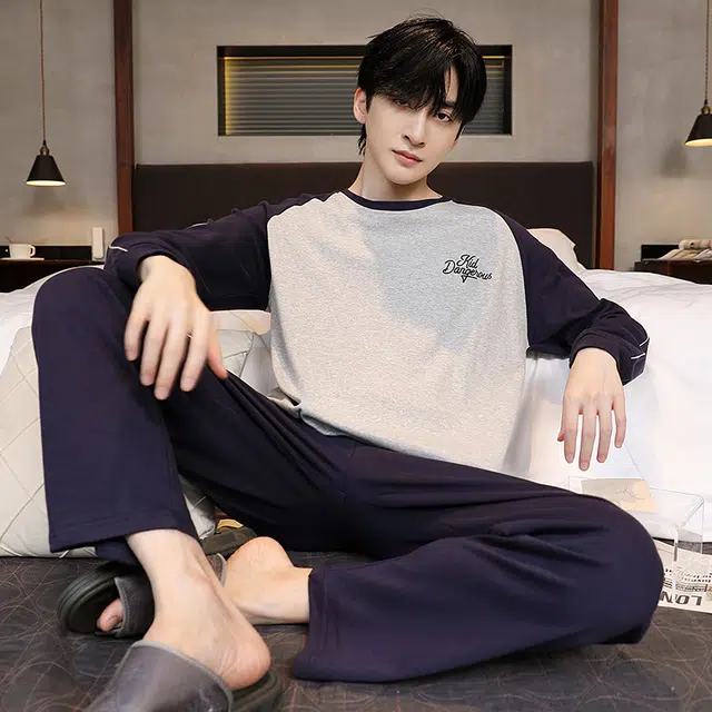 芬腾可安 纯棉秋冬保暖简约时尚遮肉少年感亲肤显瘦家居服外出可穿睡衣套装 男款