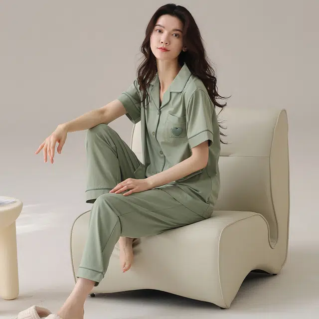 芬腾可安 韩版纯棉轻熟风简约休闲气质细腻亲肤优雅柔软高级感时尚透气舒适微弹少女可穿短袖长裤家居服睡衣套装 女款