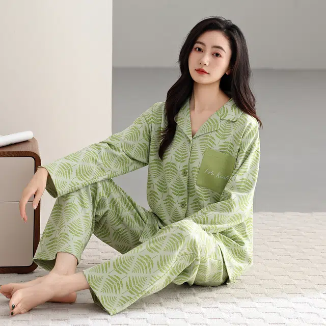 芬腾可安 春秋设计感柔软亲肤翻领纯棉优雅简约时尚家居服睡衣套装 女款