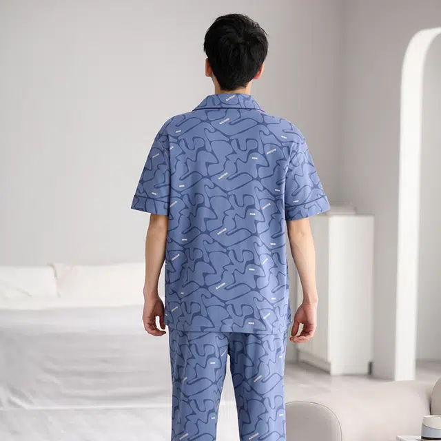 芬腾可安 可外穿柔软透气休闲设计感开衫亲肤时尚轻盈翻领宿舍可穿舒适短袖长裤家居服睡衣套装 男款