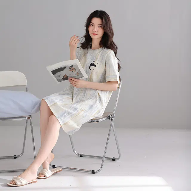 芬腾可安 纯棉亲肤韩版舒适时尚圆领短袖睡裙 女款 杏色