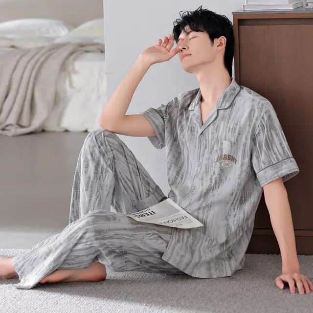 芬腾可安 经典可外穿透气时尚简约舒适短袖亲肤细腻家居服睡衣套装 男款 灰色