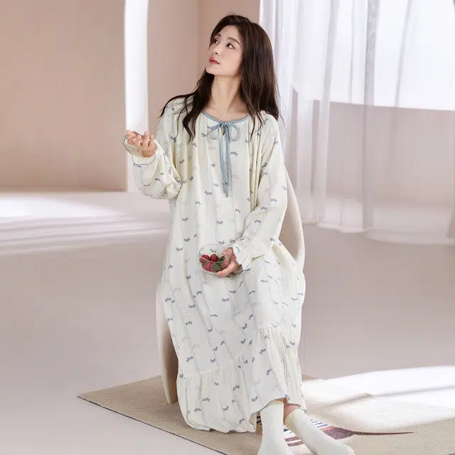 芬腾可安 外出可穿纯棉优雅少女感百搭显瘦亲肤中长款家居裙睡裙 女款