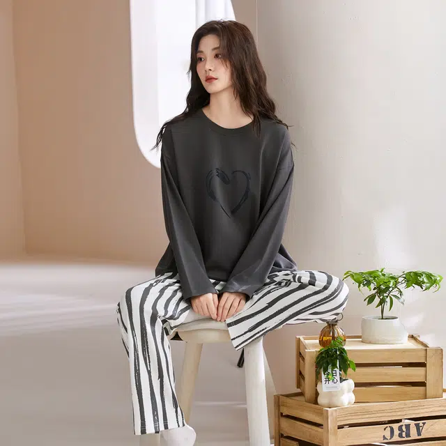 芬腾可安 情侣款春秋柔软宽松亲肤简约气质显瘦遮肉少女感家居服睡衣套装 女款