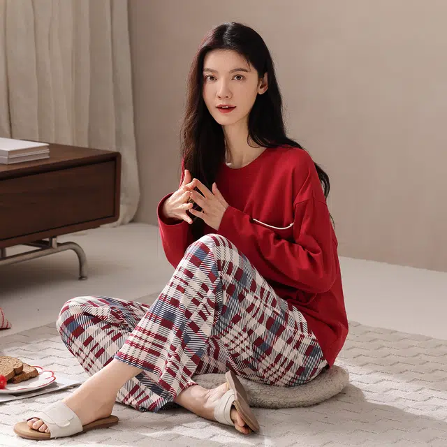 芬腾可安 春秋柔软带杯垫设计百搭少女感显瘦亲肤慵懒宽松家居服睡衣套装 女款