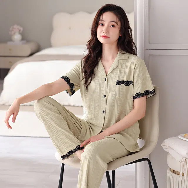 芬腾可安 遮肉开衫简约柔软亲肤时尚休闲翻领短袖长裤居家服睡衣套装 女款 抹茶色