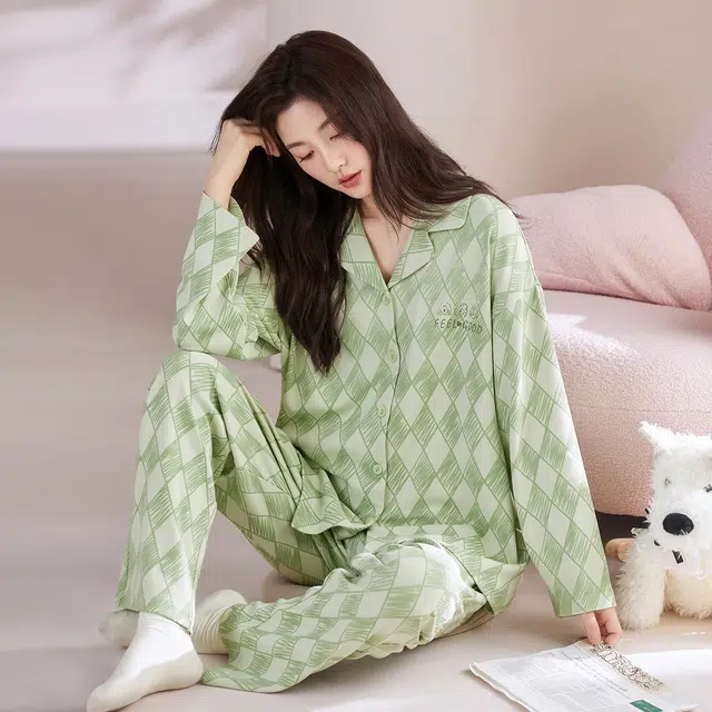 芬腾可安 春秋纯棉优雅翻领简约时尚亲肤设计感柔软开衫家居服睡衣套装 女款