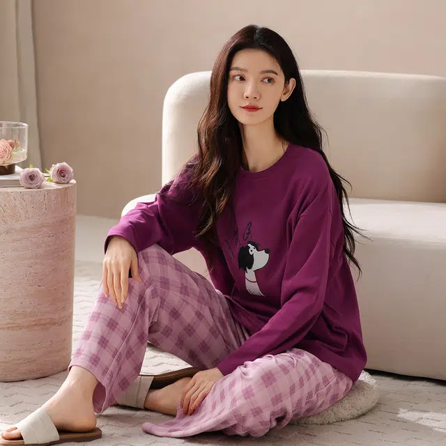 芬腾可安 春秋柔软带杯垫设计百搭显瘦亲肤慵懒少女感宽松家居服睡衣套装 女款
