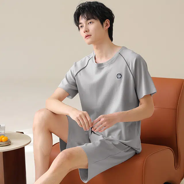 芬腾可安 休闲经典薄款时尚简约舒适亲肤圆领家居服睡衣套装 男款 灰色