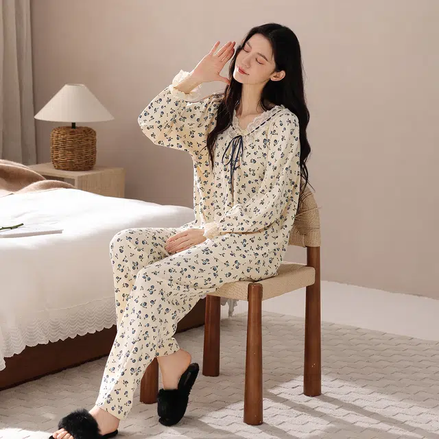 芬腾可安 春秋柔软设计感慵懒宽松少女感亲肤百搭显瘦家居服睡衣套装 女款