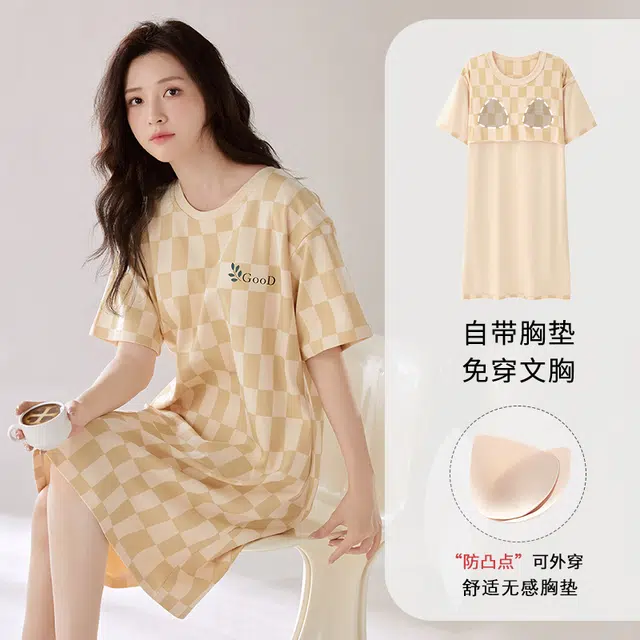 芬腾可安 外出可穿细腻休闲柔软透气亲肤一体式直筒带胸垫短袖舒适家居睡裙 女款