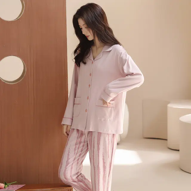 芬腾可安 外出可穿春秋设计感简约纯棉亲肤开衫宽松柔软长袖家居服睡衣套装 女款