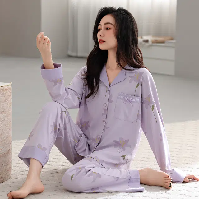 芬腾可安 春秋设计感柔软纯棉优雅简约时尚亲肤翻领家居服睡衣套装 女款