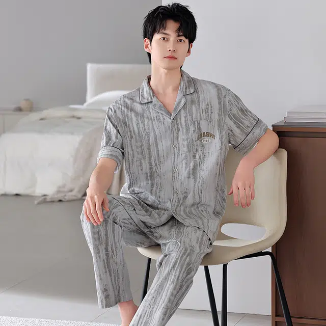 芬腾可安 经典可外穿透气时尚简约舒适短袖亲肤细腻家居服睡衣套装 男款 灰色