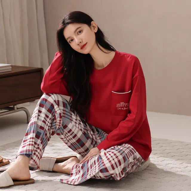 芬腾可安 春秋柔软带杯垫设计百搭少女感显瘦亲肤慵懒宽松家居服睡衣套装 女款